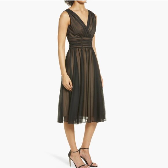 Connected Apparel Chiffon Overlay Fit & Flare Dress Size 12 Black/Gold NWT - Picture 1 of 7